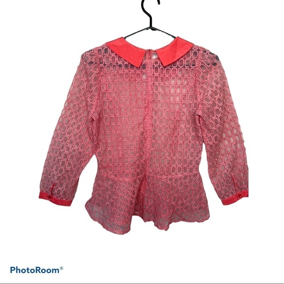 Gracia peach  sheer embroidered collar peplum blouse Sz M - Picture 3 of 13